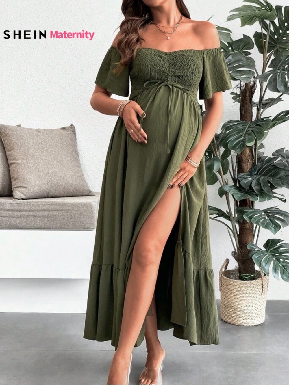 SHEIN Olive One-Shoulder Maternity Maxi Dress